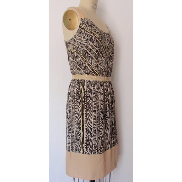 LOFT TAN BLACK YELLOW TRIBAL GEOMETRIC SHEATH DRESS 16 NWT - Picture 4 of 11